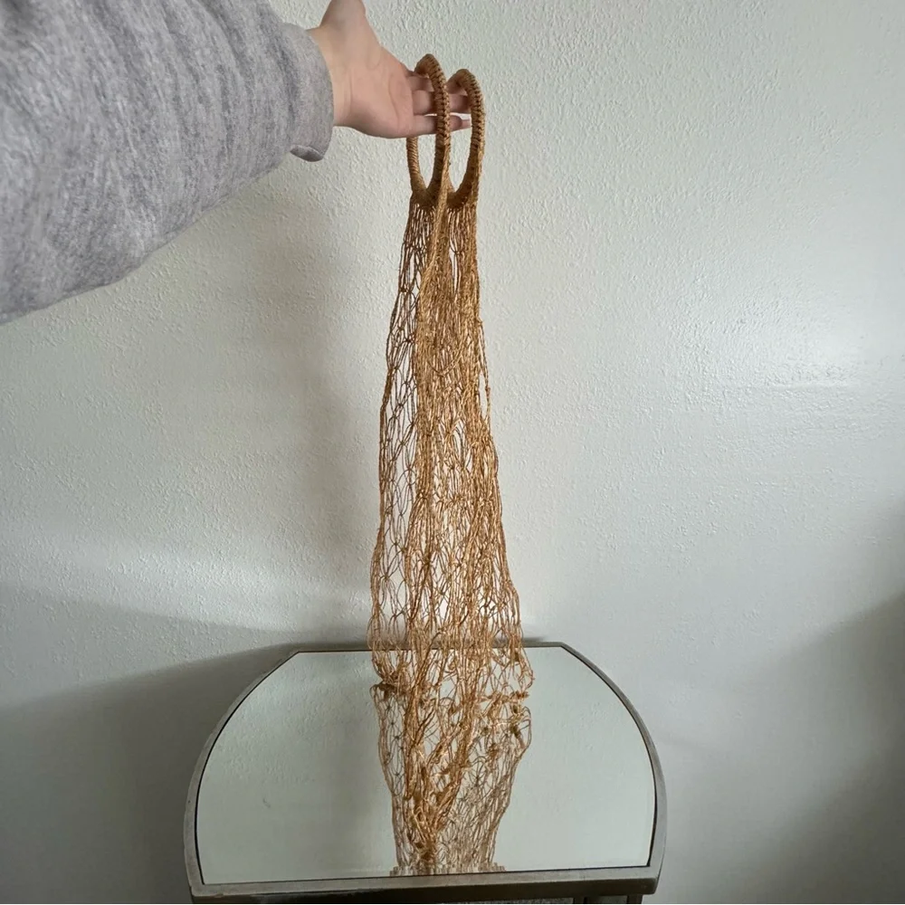 Vintage 90s Handmade Woven Straw Crochet Net Jute Farmers Market Large Tote Bag